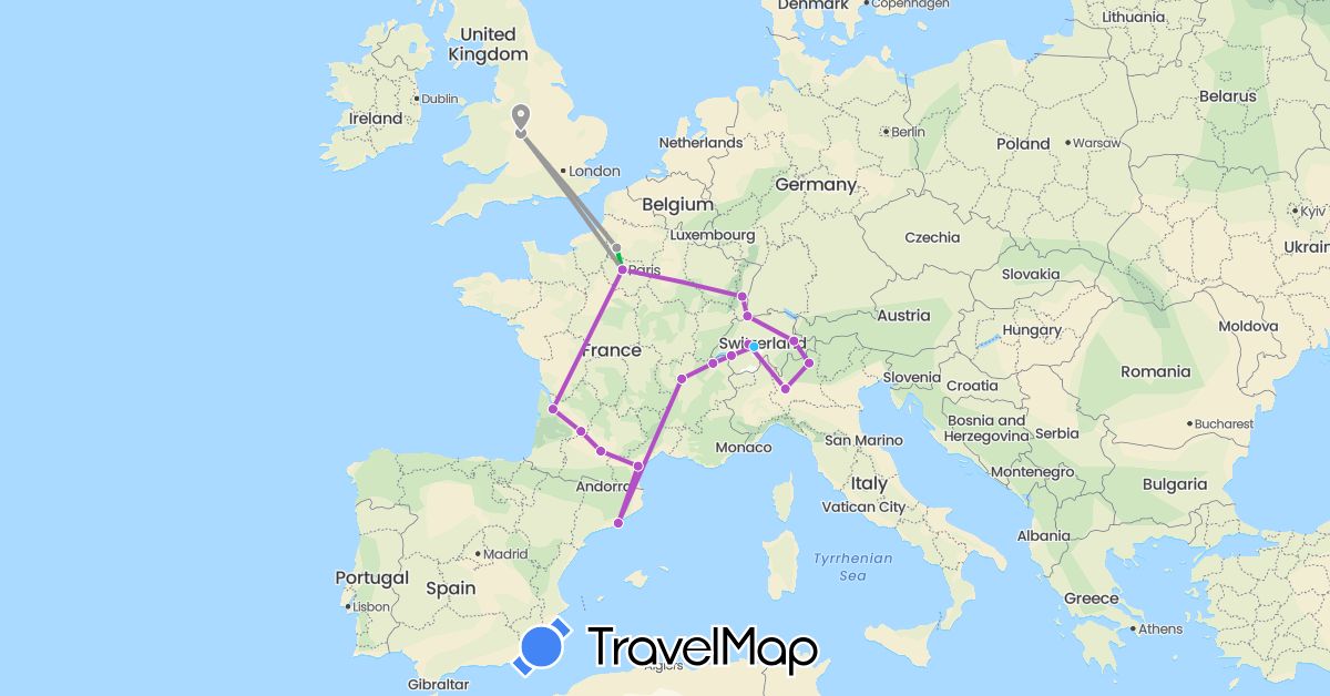 TravelMap itinerary: driving, bus, plane, train, boat in Switzerland, Spain, France, United Kingdom, Italy (Europe)
